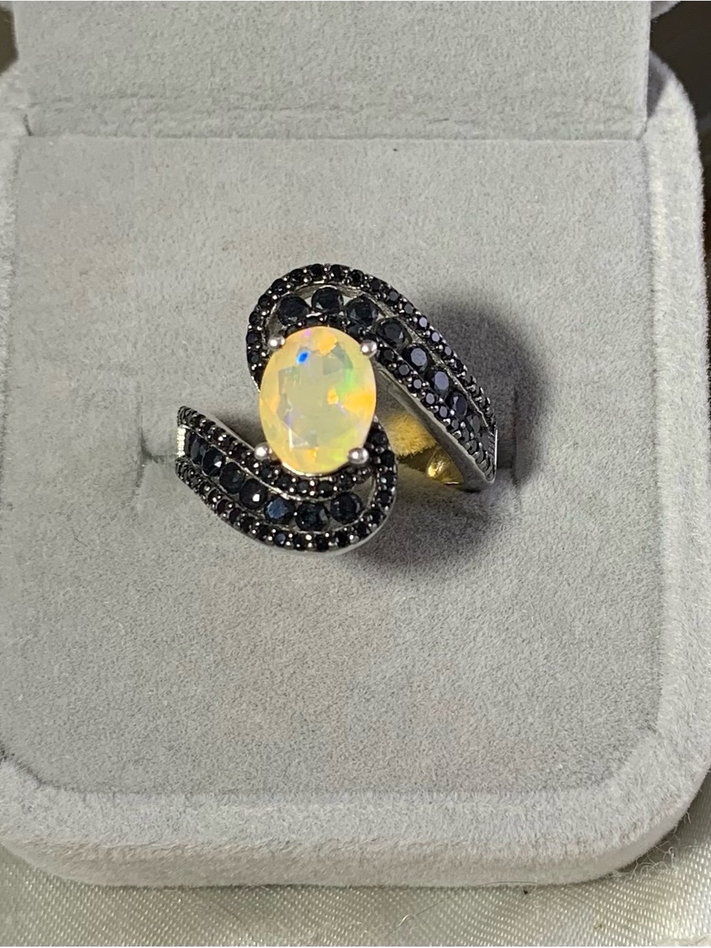 Opal Swirl Ring with Black Spinel Accents -Sterling Silver Ring size 6